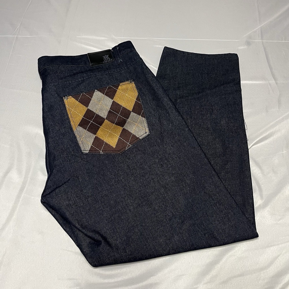 Red Ape Jeans Mens 44x33 Blue Dark Denim Baggy Y2k Argyle Embroidered